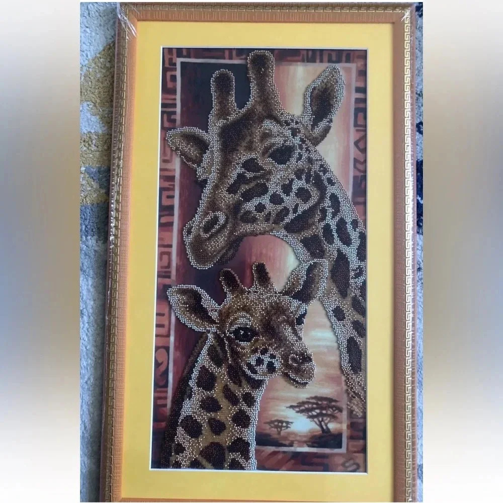 Handmade Beaded Embroidery  Picture GIRAFFES Art Gift Decor size 13”X21,5”